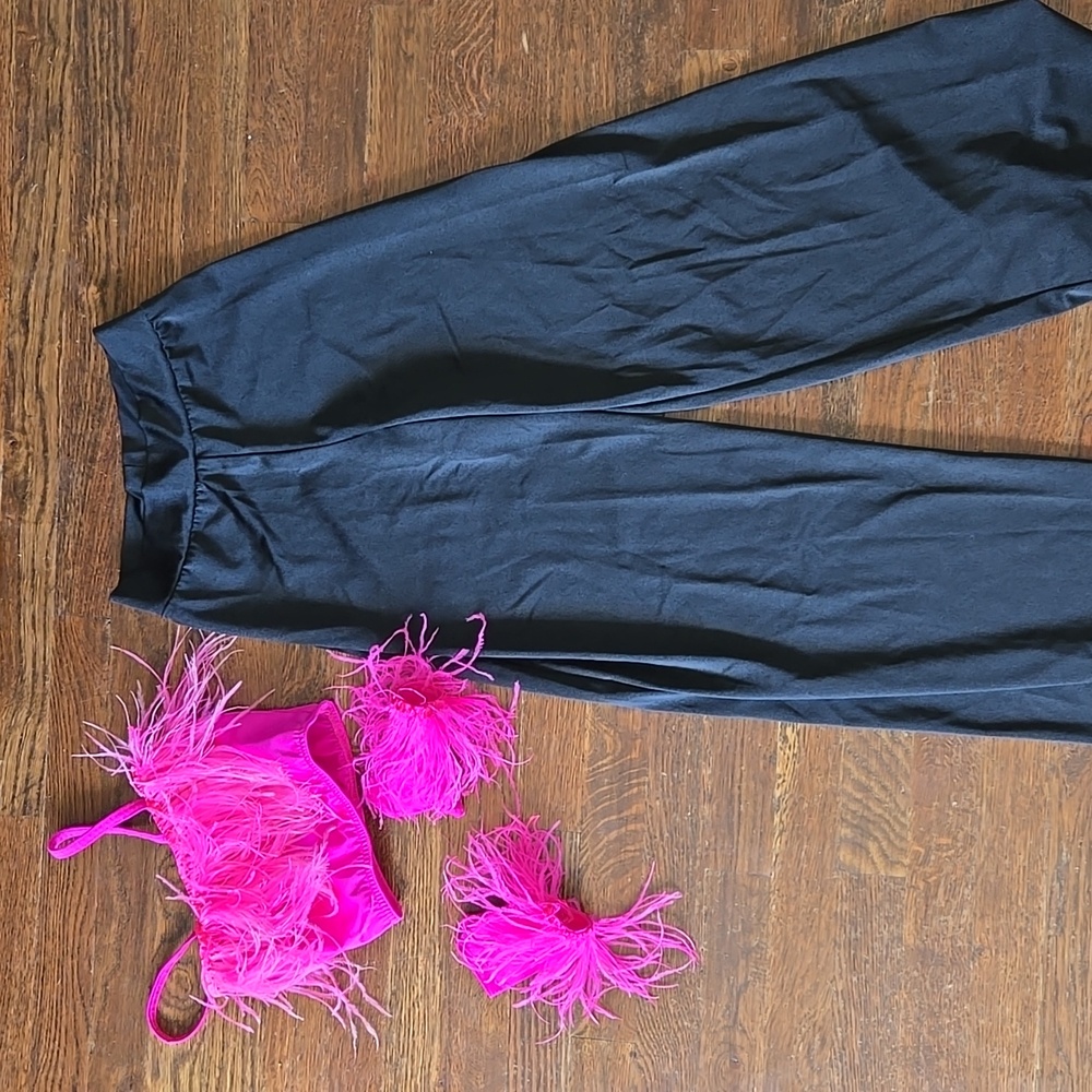 Black Pants and Pink Feathered Crop Top Set With Feathered Gloves, Adult Small